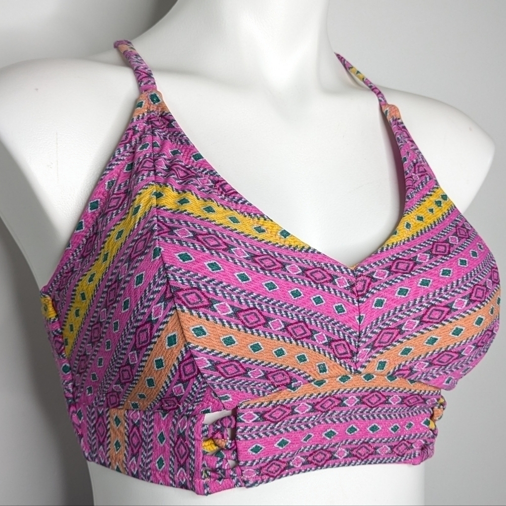 NWT Jessica Simpson pink yellow geometric v neck tie back bikini top L - Picture 3 of 9